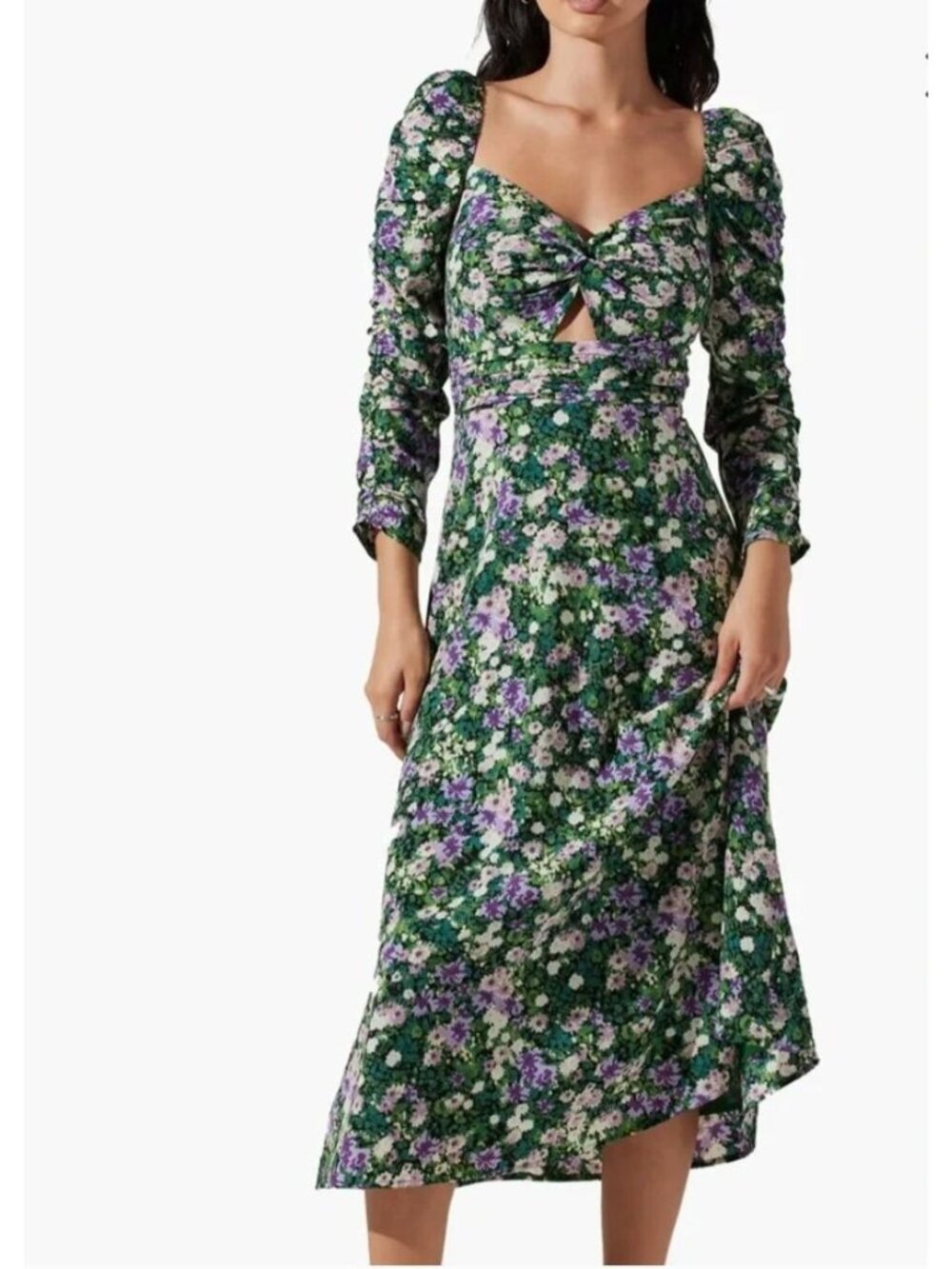 ASTR The Label Floral Green Purple Keyhole Long Sleeve Midi Dress Size M